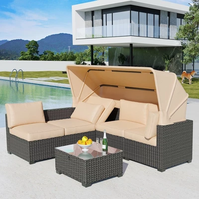 Garvee 6-Piece Outdoor Patio Furniture Set With Modern Rattan Wicker, Rattan Daybed With Retractable Canopy For Garden, Deck, And Backyard 1 Garvee 6-Piece Outdoor Patio Furniture Set With Modern Rattan Wicker, Rattan Daybed With Retractable Canopy For Garden, Deck, And Backyard