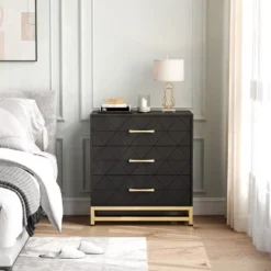 3 Drawer Dresser, Wood Chest Drawers With Storage For Closet, Bedroom, Drawers Dresser Modern Bedside Nightstand With Gold Handles