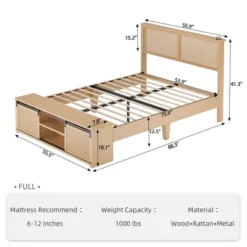 Whizmax Natural Rattan Bed Frame With Sliding Barn Door Storage Cabinets And LED Light Headboard,Boho Platform Bed With Wood Legs
