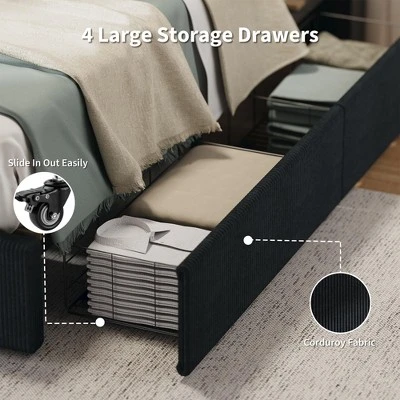 Bed Frame With 4 Storage Drawers, Platform Bed Frame With Upholstered Channel Tufted Wingback Headboard, Strong Wooden Slats Support 4 Bed Frame With 4 Storage Drawers, Platform Bed Frame With Upholstered Channel Tufted Wingback Headboard, Strong Wooden Slats Support - Image 4