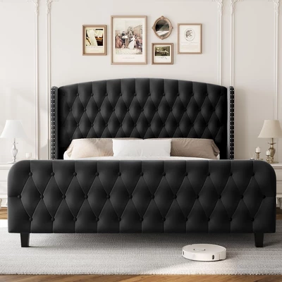 Bed Frame With Deep Button Tufted Wingback Headboard And Footboard, Velvet Upholstered Platform Frame, No Box Spring, Easy Assembly 2 Bed Frame With Deep Button Tufted Wingback Headboard And Footboard, Velvet Upholstered Platform Frame, No Box Spring, Easy Assembly - Image 2
