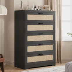 Tall Rattan Dresser With 5 Drawers,Wooden Spacious Storage Chest Of Drawers With Wide Top,Handles,Easy To Assemble,Modern Dresser -Garvee Sales GUEST de55c55a 6f3e 4572 83bf 0d9249af19fe