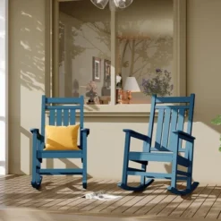 Outdoor HDPE Rocking Chairs – Oversized All-Weather Patio Rockers – Heavy Duty 350lb Capacity, Anti-Rollover Design (Blue)