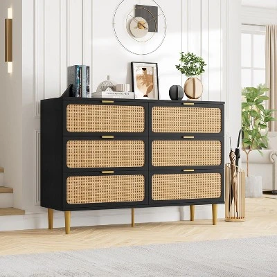 Rattan 6 Drawer Dresser For Bedroom, Large Double Dresser With Deep Drawers, Long Wooden Chest Of Drawers For Living Room, Hallway, Kids Room 2 Rattan 6 Drawer Dresser For Bedroom, Large Double Dresser With Deep Drawers, Long Wooden Chest Of Drawers For Living Room, Hallway, Kids Room - Image 2