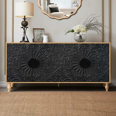 Sideboard Buffet, Wood Floor Cabinet With Carved Flower Door, Metal Handle, Freestanding Sideboard 6 Sideboard Buffet, Wood Floor Cabinet With Carved Flower Door, Metal Handle, Freestanding Sideboard - Image 6