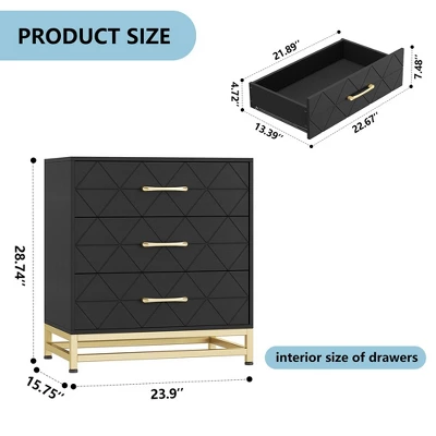 3 Drawer Dresser, Wood Chest Drawers With Storage For Closet, Bedroom, Drawers Dresser Modern Bedside Nightstand With Gold Handles 6 3 Drawer Dresser, Wood Chest Drawers With Storage For Closet, Bedroom, Drawers Dresser Modern Bedside Nightstand With Gold Handles - Image 6