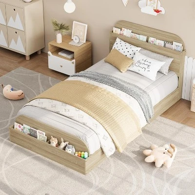 Twin Size Wood Bed Frame With Storage Headboard And Raised-Foodboard For Kid, Twin-Floor Low Platform Bed For Bedroom, No Box Spring Needed 4 Twin Size Wood Bed Frame With Storage Headboard And Raised-Foodboard For Kid, Twin-Floor Low Platform Bed For Bedroom, No Box Spring Needed - Image 4