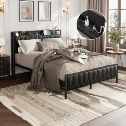 Full/ Queen/ KingBed Frame With Charging Station, Faux Leather Platform Bed With Storage Button Headboard & Footboard, No Box Spring Needed, Black -Garvee Sales GUEST e23a7972 0cc6 4109 8daa 2d1083829a3a