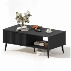 Coffee Table With Storage，Rectangular Wooden Coffee Table With Sliding Door And Solid Wood Legs, 2-Tier Cocktail Table -Garvee Sales GUEST e2cb7622 19a2 4a76 9871 7975bc4ee34d