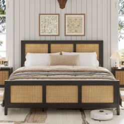 Whizmax King/Queen/Full Size Rattan Bed Frame With Headboard, Boho Cane Platform Bed Frame With Strong Metal Slat, Noise Free, No Box Spring Needed