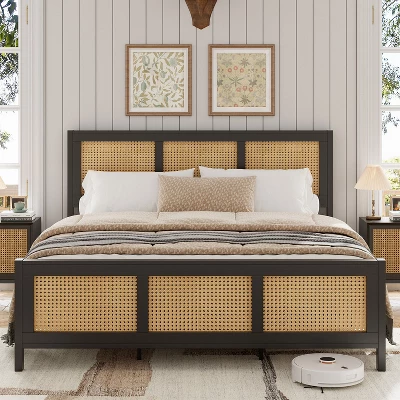 Whizmax King/Queen/Full Size Rattan Bed Frame With Headboard, Boho Cane Platform Bed Frame With Strong Metal Slat, Noise Free, No Box Spring Needed 1 Whizmax King/Queen/Full Size Rattan Bed Frame With Headboard, Boho Cane Platform Bed Frame With Strong Metal Slat, Noise Free, No Box Spring Needed
