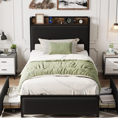 Bed Frame With 2 Storage Drawers And Charging Station, Rustic Linen Upholstered Platform Bedframe With Storage Headboard, 2 Bed Frame With 2 Storage Drawers And Charging Station, Rustic Linen Upholstered Platform Bedframe With Storage Headboard, - Image 2