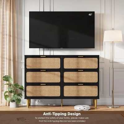 Garvee 6 Drawer Dresser For Bedroom, Rattan Closet Chest Sturdy Handles, Wooden Dresser Storage Organizer For Living Room, Nursery, Entryway 4 Garvee 6 Drawer Dresser For Bedroom, Rattan Closet Chest Sturdy Handles, Wooden Dresser Storage Organizer For Living Room, Nursery, Entryway - Image 4