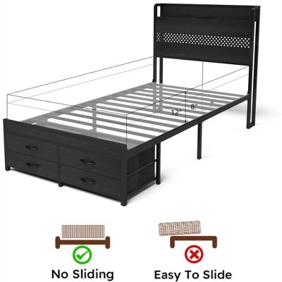 Twin Bed Frames With Headboard, Twin Size Bed Frames With Storage Drawers, Twin Bed, Metal Platform Bed Frame 4 Twin Bed Frames With Headboard, Twin Size Bed Frames With Storage Drawers, Twin Bed, Metal Platform Bed Frame - Image 4