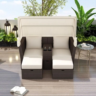 Outdoor Daybed, Double Daybed With Retractable Sunshade Canopy, Built-in Cup Holders And Storage Boxes, 2 Pillows, 2-Seater Sofa For Garden 2 Outdoor Daybed, Double Daybed With Retractable Sunshade Canopy, Built-in Cup Holders And Storage Boxes, 2 Pillows, 2-Seater Sofa For Garden - Image 2
