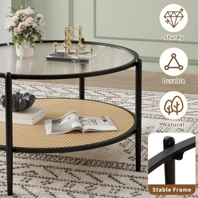 30" Rattan Coffee Table, 2-Tier Round End Table With Storage, Round Water-Wave Glass Metal Center Tables 2 30" Rattan Coffee Table, 2-Tier Round End Table With Storage, Round Water-Wave Glass Metal Center Tables - Image 2