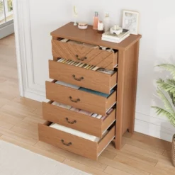 5 Drawer Dresser For Bedroom, 45.2" Tall Brown Chest Of Drawer With V Shape Design, Modern Wooden Closet Nightstand For Living Room Entryway Nursery