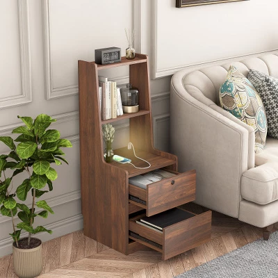 Tall Nightstand With Charging Station & Night Light, Voice Control, Wooden Large Bedside Tables With Storage Cabinet And Bookshelf For Bedroom 6 Tall Nightstand With Charging Station & Night Light, Voice Control, Wooden Large Bedside Tables With Storage Cabinet And Bookshelf For Bedroom - Image 6