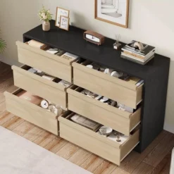 Garvee Modern Double Dresser Organizer With 6 Drawers Large Storage, Wooden Chest Of Drawers For Living Room, Bedroom, Nursery, Hallway
