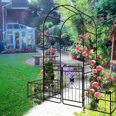 Garden Arbor Arch With Gate And Plant Box, 86.6 Inches Wedding Arches For Ceremony, Metal Garden Trellis 4 Garden Arbor Arch With Gate And Plant Box, 86.6 Inches Wedding Arches For Ceremony, Metal Garden Trellis - Image 4