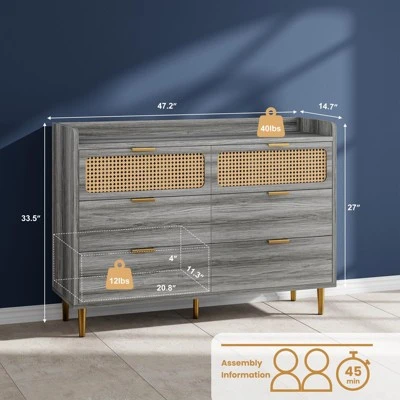 6 Drawer Double Dresser For Bedroom, Modern Chest Of Drawers With Rattan Accents, Wooden Storage Organizer For Living Room, Hallway, Entryway 1 6 Drawer Double Dresser For Bedroom, Modern Chest Of Drawers With Rattan Accents, Wooden Storage Organizer For Living Room, Hallway, Entryway