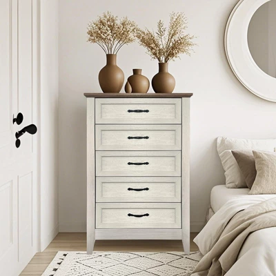 5 Drawer Vintage Wood Dresser, Tall Chest For Closet And Bedroom, Storage Organizer For Living Room, Nursery, Hallway, Kids Room 9 5 Drawer Vintage Wood Dresser, Tall Chest For Closet And Bedroom, Storage Organizer For Living Room, Nursery, Hallway, Kids Room - Image 9