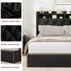 Garvee Upholstered Queen Size Bed Frame With 4 Drawers, Black Velvet Queen Platform With Tufted Headboard And Nailhead Design, No Box Spring Needed -Garvee Sales GUEST e7a88127 16ae 4402 814e 6e8a2fa51068