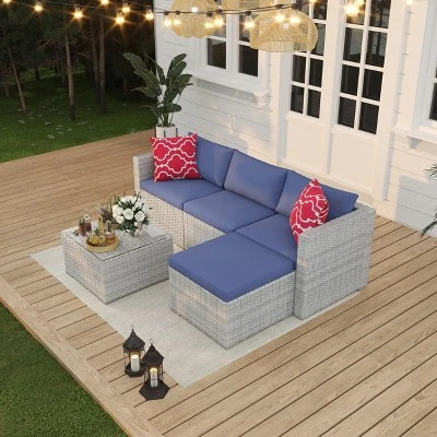 Modular Rattan Patio Sofa Set - All-Weather Wicker Sectional Conversation Set With Ottoman, Glass Table & Detachable Cushions 10 Modular Rattan Patio Sofa Set - All-Weather Wicker Sectional Conversation Set With Ottoman, Glass Table & Detachable Cushions - Image 10