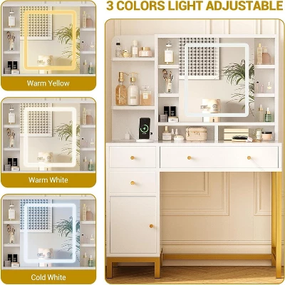 White Vanity With LED Lighted Mirror & Power Outlet, 3 Lighting Modes Brightness Adjustable, 15.7D*38.6W*54.3H 3 White Vanity With LED Lighted Mirror & Power Outlet, 3 Lighting Modes Brightness Adjustable, 15.7D*38.6W*54.3H - Image 3