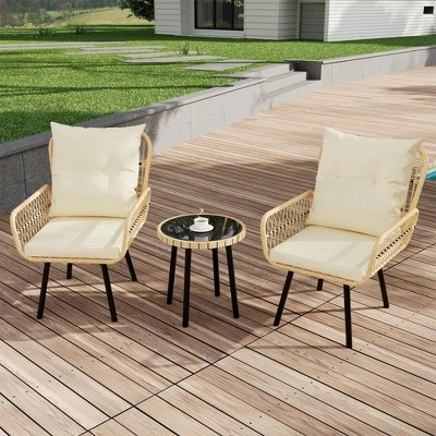 3 Piece Outdoor Wicker Patio Bistro Set, Rattan Conversation Set With Glass Top Coffee Table And Cushioned Chairs, All-Weather Balcony Furniture Set 4 3 Piece Outdoor Wicker Patio Bistro Set, Rattan Conversation Set With Glass Top Coffee Table And Cushioned Chairs, All-Weather Balcony Furniture Set - Image 4