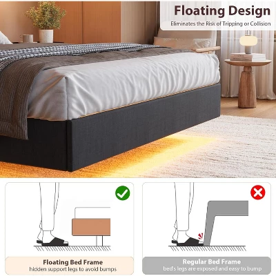 Floating Bed Frame With LED Lights & USB Charging Station – Modern Upholstered Platform Bed With Headboard, Solid Wood Slats Support 6 Floating Bed Frame With LED Lights & USB Charging Station – Modern Upholstered Platform Bed With Headboard, Solid Wood Slats Support - Image 6