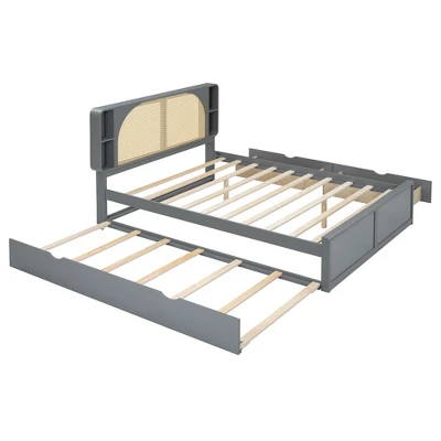 Queen Size Bed Frame With Trundle, Wood Platform Bed With Rattan Headboard & 2 Drawers, Wooden Slats Support, No Box Spring Required 5 Queen Size Bed Frame With Trundle, Wood Platform Bed With Rattan Headboard & 2 Drawers, Wooden Slats Support, No Box Spring Required - Image 5