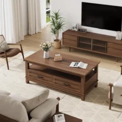 47.24" Farmhouse Coffee Table With Drawers, Rustic Coffee Table Wood Center Table -Garvee Sales GUEST e929aef1 5b28 4c08 9cb4 8c9888a01062