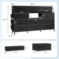 Dresser For Bedroom With 14 Drawers, 55" W Dresser With Side Pocket, Fabric Dressers & Chests Of Drawers With Shelves