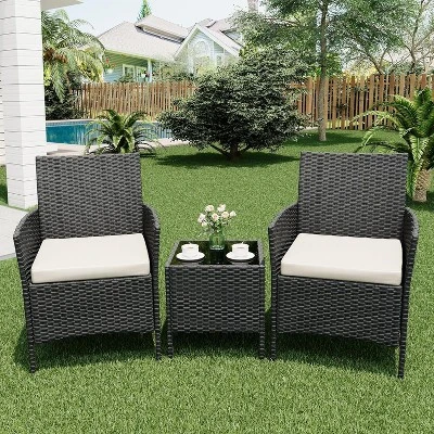 3 Pieces/4 Pieces Patio Furniture Sets, Outdoor Wicker Conversation Sets With Soft Cushion And Glass Table, All Weather Manual Rattan Chairs 1 3 Pieces/4 Pieces Patio Furniture Sets, Outdoor Wicker Conversation Sets With Soft Cushion And Glass Table, All Weather Manual Rattan Chairs