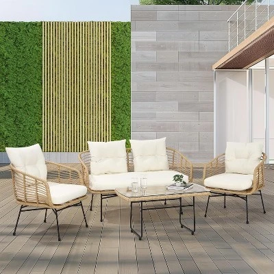 4-Piece Outdoor Patio Furniture Set With Boho Rope Wicker Sofa, Loveseat & Glass Table, All-Weather Couch For Garden, Backyard, Porch 7 4-Piece Outdoor Patio Furniture Set With Boho Rope Wicker Sofa, Loveseat & Glass Table, All-Weather Couch For Garden, Backyard, Porch - Image 7