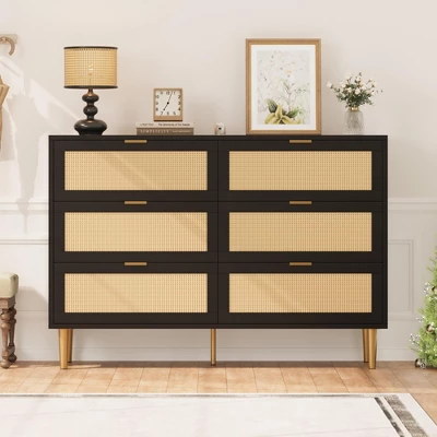 Garvee 6 Drawer Rattan Dresser With Gold Legs And Handles, Wide Double Storage Chest With Anti-Tipping Design For Bedroom Or Living Room 4 Garvee 6 Drawer Rattan Dresser With Gold Legs And Handles, Wide Double Storage Chest With Anti-Tipping Design For Bedroom Or Living Room - Image 4