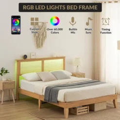 Rattan Bed Frame Full With Natural Rattan Headboard,Bohemian Rattan Full Size Bed Frame With LED Lights, With Silent Slats,No Box Spring Needed (Full) -Garvee Sales GUEST ea8becbc 6e8b 482e a48c 000576444e18