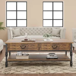 41" Rustic Coffee Table With 2 Storage Drawers, Rectangular Coffee Tables W/ Storage Shelf And Metal Legs, Wood Large Coffee Table For Living Room -Garvee Sales GUEST ea90cbde a274 4613 b946 8a83fce98bb7