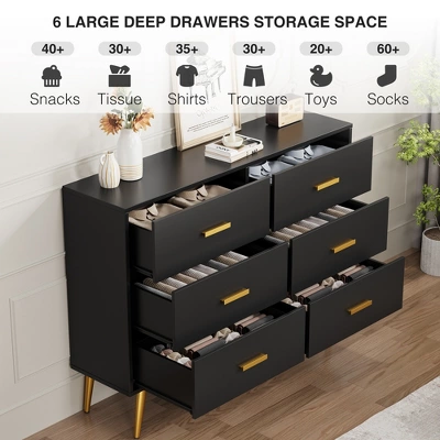 Modern Wooden Dresser With Gold Handles, White 6 Drawer Dresser With Storage Space, Chest Dresser With Deep Drawers For Bedroom, Living Room 4 Modern Wooden Dresser With Gold Handles, White 6 Drawer Dresser With Storage Space, Chest Dresser With Deep Drawers For Bedroom, Living Room - Image 4