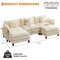 112.2" Sectional Cloud Couch, Modular Sectional Couches Sofa For Living Room With Movable Ottoman, 3-Seater Chenille Deep Seat Cloud Sofa