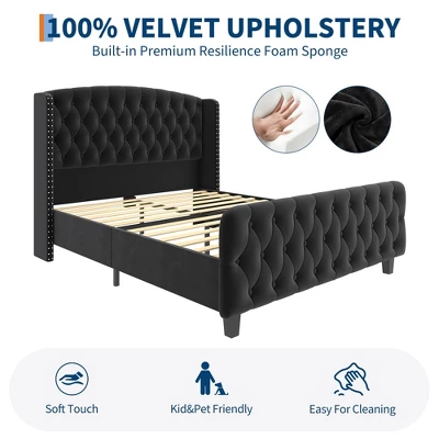 Bed Frame With Deep Button Tufted Wingback Headboard And Footboard, Velvet Upholstered Platform Frame, No Box Spring, Easy Assembly 6 Bed Frame With Deep Button Tufted Wingback Headboard And Footboard, Velvet Upholstered Platform Frame, No Box Spring, Easy Assembly - Image 6