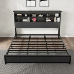 King Size Bed Frame With Bookcase Headboard, King Platform Bed With 2-tier Storage & Charging Station, No Box Spring Needed Easy Assemble，Black -Garvee Sales GUEST eb47dd04 95ff 4339 9883 248dd4aeed60