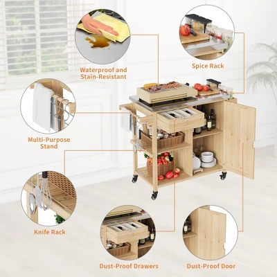 Outdoor Grill Cart, Solid Wood BBQ Cart Prep Table, Portable Rolling Kitchen Island With Stainless Steel Top, Drawer, & Open Shelves 3 Outdoor Grill Cart, Solid Wood BBQ Cart Prep Table, Portable Rolling Kitchen Island With Stainless Steel Top, Drawer, & Open Shelves - Image 3