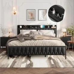 Full/ Queen/ KingBed Frame With Charging Station, Faux Leather Platform Bed With Storage Button Headboard & Footboard, No Box Spring Needed, Black -Garvee Sales GUEST ebbd3d46 c152 4bbe a669 e2225f230591