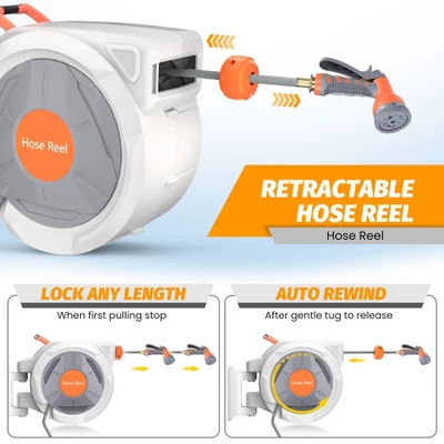 65/100/130 Ft Retractable Garden Hose Reel, With 9 Function Sprayer Nozzle, Any Length Lock, Automatic Slow Rewind, Wall Mounted, 180°Swivel Bracket 3 65/100/130 Ft Retractable Garden Hose Reel, With 9 Function Sprayer Nozzle, Any Length Lock, Automatic Slow Rewind, Wall Mounted, 180°Swivel Bracket - Image 3