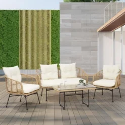 4-Piece PE Rattan Patio Set W/ Loveseat, Sofa & Coffee Table - Outdoor Conversation Set For Backyard