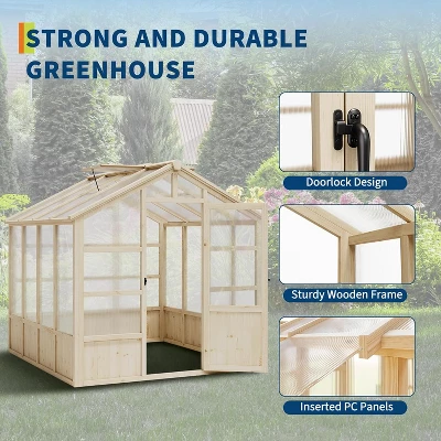 Wooden Greenhouse,Greenhouses For Outdoors With Lockable Door, Wood Frame & Adjustable Vent,Heavy Duty Greenhouse With Polycarbonate Panel,8x8ft 3 Wooden Greenhouse,Greenhouses For Outdoors With Lockable Door, Wood Frame & Adjustable Vent,Heavy Duty Greenhouse With Polycarbonate Panel,8x8ft - Image 3