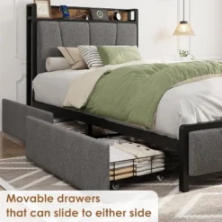 Twin/Full/Queen/King Size Upholstered Bed Frame With Storage Headboard, 2 Drawers, USB Charging Station, No Box Spring Needed, Heavy Duty, Grey 13 Twin/Full/Queen/King Size Upholstered Bed Frame With Storage Headboard, 2 Drawers, USB Charging Station, No Box Spring Needed, Heavy Duty, Grey -Garvee Sales GUEST ed509fba 3012 4cb2 962f c4c102ba5645