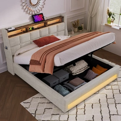 Queen Size Bed Frame With Hydraulic Storage,Upholstered Headboard,RGB LED Light And USB Charging 7 Queen Size Bed Frame With Hydraulic Storage,Upholstered Headboard,RGB LED Light And USB Charging - Image 7